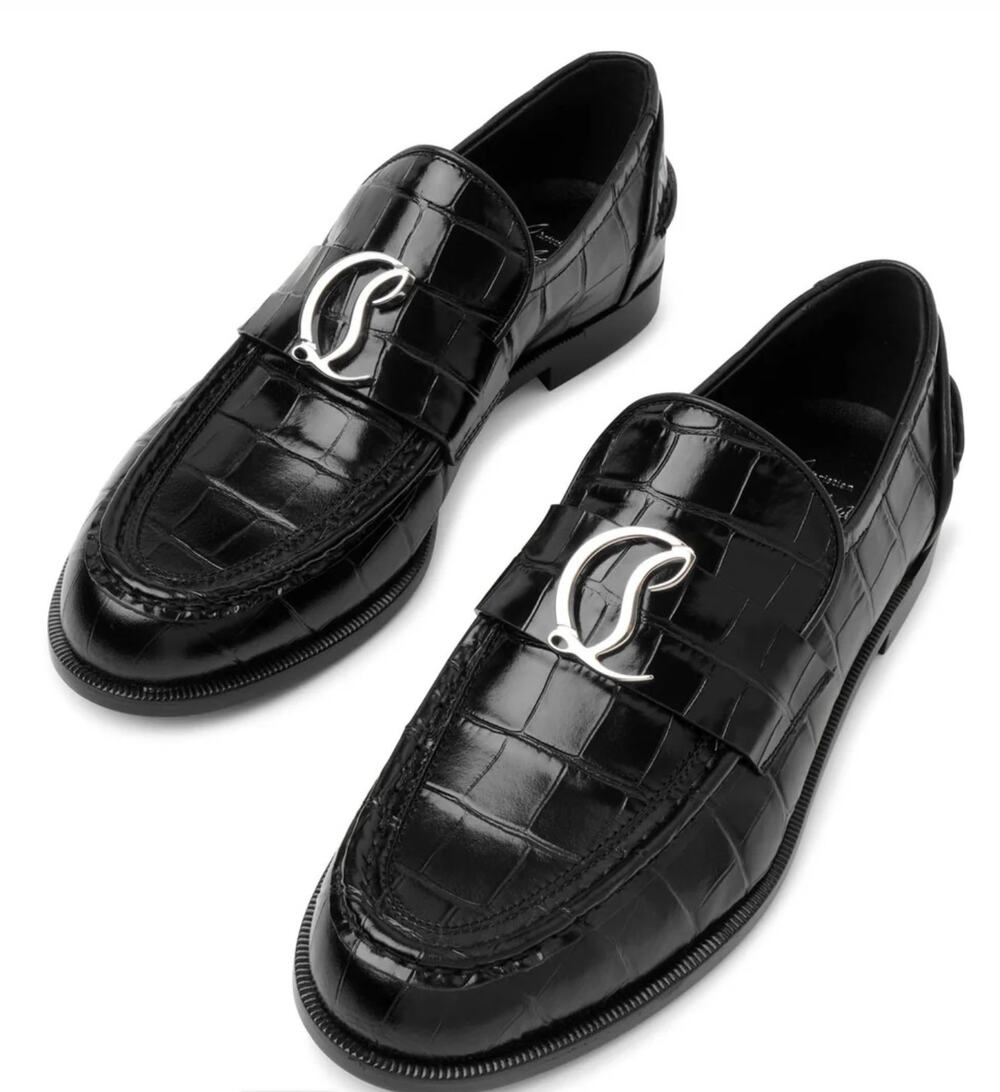 Christian Louboutin CL Croc Black Leather Loafer Flat 36 Medallion Logo